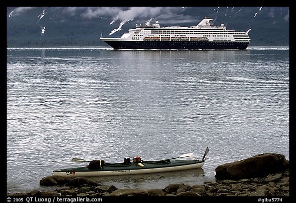 Kayak and cruise ship, East arm. Glacier Bay National Park, Alaska (color)