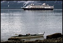 Kayak and cruise ship, East arm. Glacier Bay National Park, Alaska (color)
