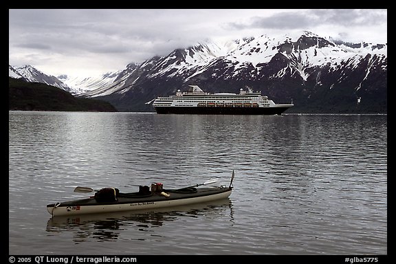 Kayak and cruise ship, East arm. Glacier Bay National Park, Alaska