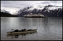 Kayak and cruise ship, East arm. Glacier Bay National Park, Alaska