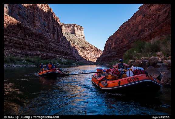 Rafts and reflections on river, Marble Canyon. Grand Canyon National Park, Arizona