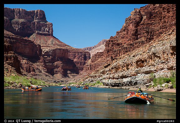 Rafts on placid stretch of Colorado River. Grand Canyon National Park, Arizona (color)