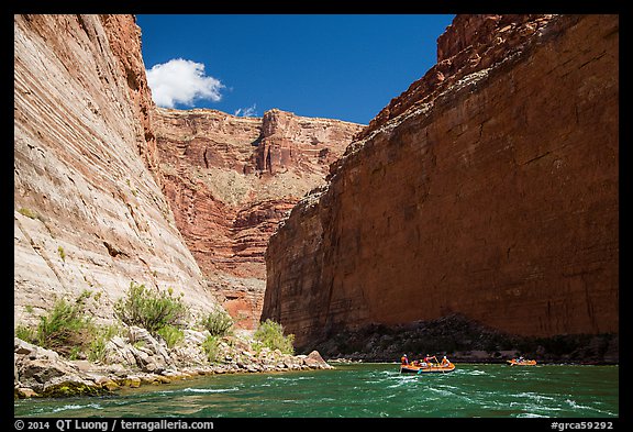 Picture/Photo: Rafts dwarfed by huge Redwall limestone canyon walls ...