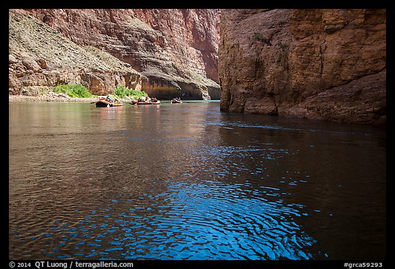 Rafts and Redwall limestone canyon walls in Marble Canyon. Grand Canyon National Park, Arizona