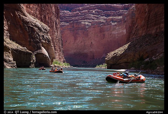 Rafts below Redwall limestone canyon walls, Marble Canyon. Grand Canyon National Park, Arizona (color)