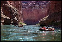 Rafts below Redwall limestone canyon walls, Marble Canyon. Grand Canyon National Park, Arizona