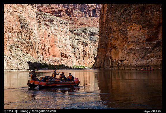 River-level view of raft, shadows, and cliffs, Marble Canyon. Grand Canyon National Park, Arizona (color)