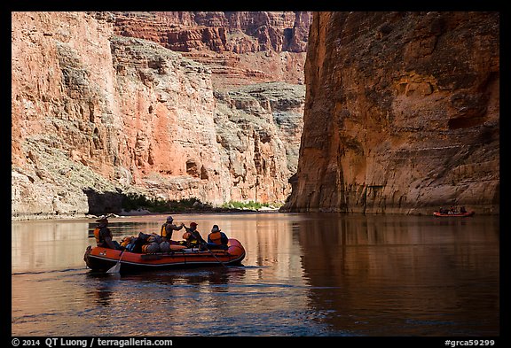 River-level view of raft, shadows, and cliffs, Marble Canyon. Grand Canyon National Park, Arizona (color)