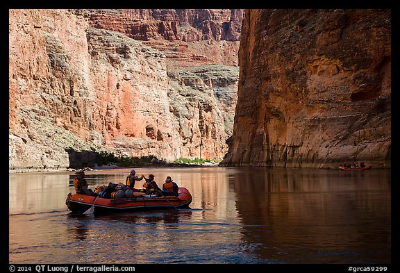 River-level view of raft, shadows, and cliffs, Marble Canyon. Grand Canyon National Park, Arizona