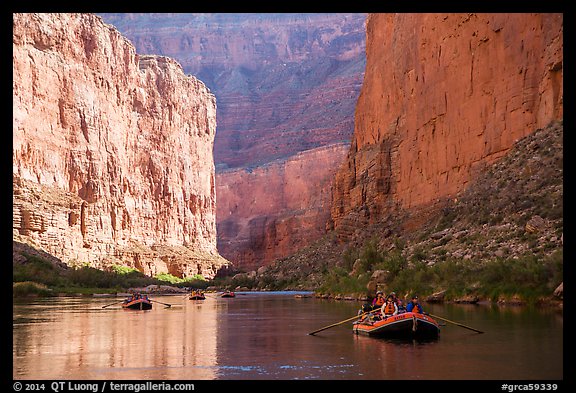 Rafters and towering steep cliffs in  Marble Canyon, early morning. Grand Canyon National Park, Arizona (color)