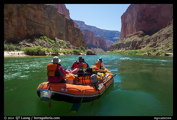 Close view of raft on calm Colorado River. Grand Canyon National Park, Arizona