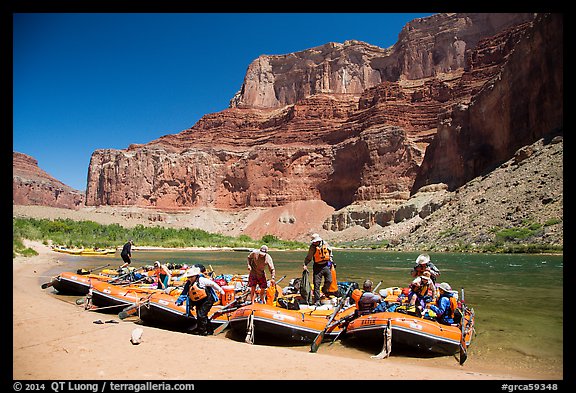 Rafts on beach below Nankoweap cliffs. Grand Canyon National Park, Arizona (color)