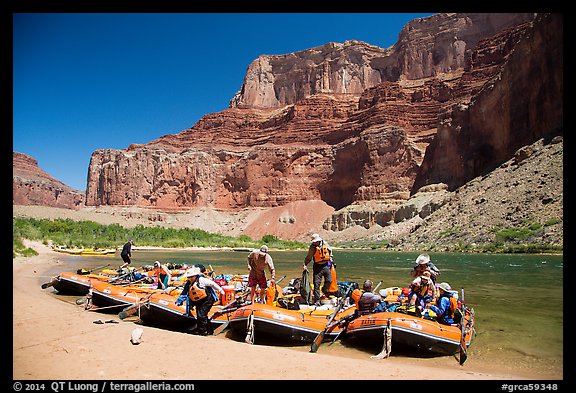 Rafts on beach below Nankoweap cliffs. Grand Canyon National Park, Arizona