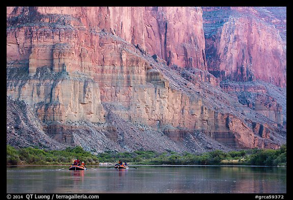 Rafts dwarfed by cliffs above the Colorado River. Grand Canyon National Park, Arizona (color)