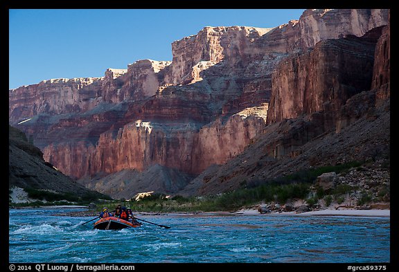 Raft below cliffs in the shade, Marble Canyon. Grand Canyon National Park, Arizona