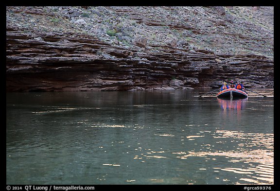 Raft next to Tapeats formation sandstone walls. Grand Canyon National Park, Arizona (color)