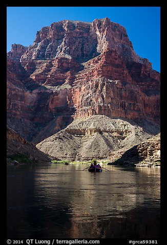 Raft below towering butte. Grand Canyon National Park, Arizona