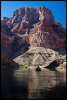 Raft below towering butte. Grand Canyon National Park, Arizona ( color)
