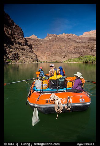 Oar-powered raft on calm stretch of the Colorado River. Grand Canyon National Park, Arizona (color)