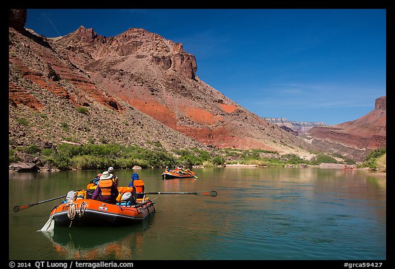 Rafts in colorful section of Grand Canyon. Grand Canyon National Park, Arizona (color)