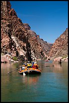 Oar-powered rafts in calm section of Granite Gorge. Grand Canyon National Park, Arizona