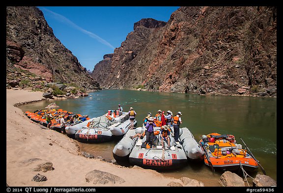 Oar-powered and motor-powered rafts at beach. Grand Canyon National Park, Arizona (color)