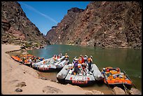 Oar-powered and motor-powered rafts at beach. Grand Canyon National Park, Arizona