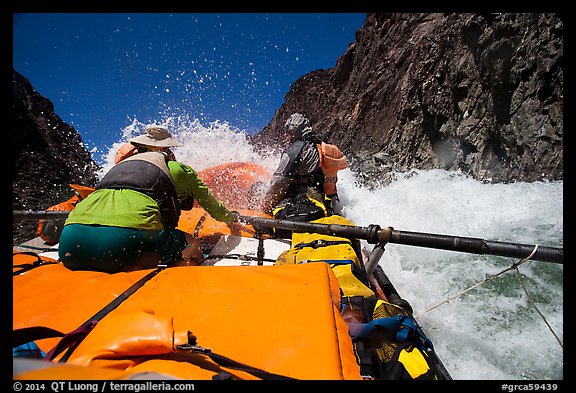 Oar-powered raft in whitewater rapids. Grand Canyon National Park, Arizona