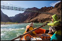 Raft passing below Bright Angel Bridge as hikers looks on. Grand Canyon National Park, Arizona ( color)