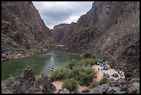 Aerial view of a riverside camp with blue tents and boats along the Colorado River at Ninetyone mile. Grand Canyon National Park, Arizona ( color)