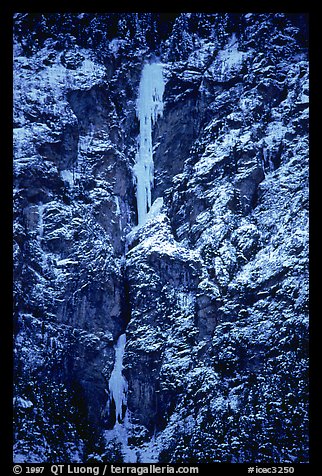 This line has two parts quite distinct in character: the first includes a pitch whose base looked very sketchy from the road, and the chimney, of which the inside was not visible. The second is the partially free-standing huge column, which is visibly very steep, sustained, and complex. Lilloet, British Columbia, Canada (color)