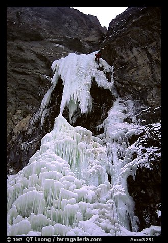 The first pitch (thin ice crux, WI5+ R) was one of the scariest I have ever climbed. Althought it at first didn't appear to be possible because the main pillar was unstable, it went on the thin ribbon on the right. Lilloet, British Columbia, Canada (color)