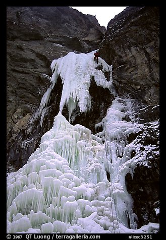 The first pitch (thin ice crux, WI5+ R) was one of the scariest I have ever climbed. Althought it at first didn't appear to be possible because the main pillar was unstable, it went on the thin ribbon on the right. Lilloet, British Columbia, Canada