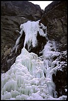 The first pitch (thin ice crux, WI5+ R) was one of the scariest I have ever climbed. Althought it at first didn't appear to be possible because the main pillar was unstable, it went on the thin ribbon on the right. Lilloet, British Columbia, Canada (color)