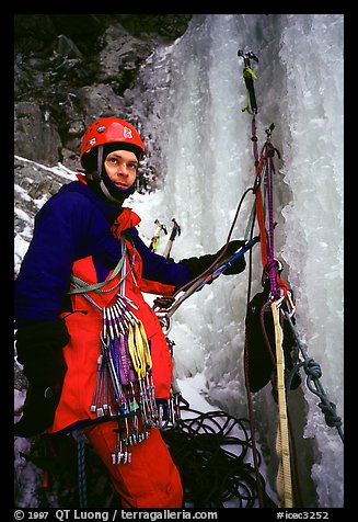 Lee was going to lead successfully the chimney, using one Camalot and one piton to clear a chockstone by an aid move. Lilloet, British Columbia, Canada (color)