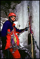 Lee was going to lead successfully the chimney, using one Camalot and one piton to clear a chockstone by an aid move. Lilloet, British Columbia, Canada (color)