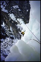 Higher, the fourth pitch ends up with an airy traverse. Lilloet, British Columbia, Canada (color)