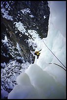 Higher, the fourth pitch ends up with an airy traverse. Lilloet, British Columbia, Canada