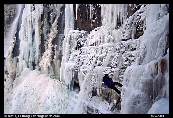 Rappeling from an ice climb in Provo Canyon, Utah. USA