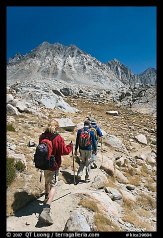 Hikers on trail, Dusy Basin. Kings Canyon National Park, California (color)