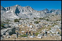 Hikers in Dusy Basin, morning. Kings Canyon National Park, California