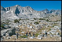 Hikers in Dusy Basin, morning. Kings Canyon National Park, California (color)