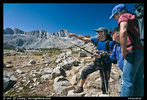 Hikers pointing, Dusy Basin. Kings Canyon National Park, California (color)