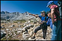 Hikers pointing, Dusy Basin. Kings Canyon National Park, California (color)
