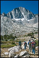 Hikers and Mt Giraud, Dusy Basin. Kings Canyon National Park, California (color)