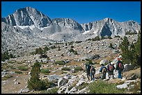 Hikers on alpine terrain and Mt Giraud range, Dusy Basin. Kings Canyon National Park, California