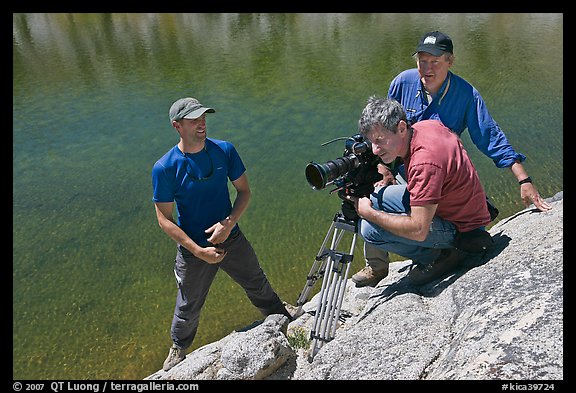 Cameramen filming near lake, lower Dusy Basin. Kings Canyon National Park, California (color)