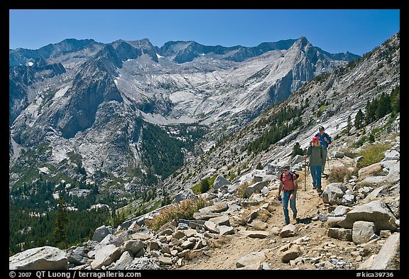 Hikers on trail above Le Conte Canyon. Kings Canyon National Park, California (color)