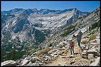 Hikers on trail above Le Conte Canyon. Kings Canyon National Park, California