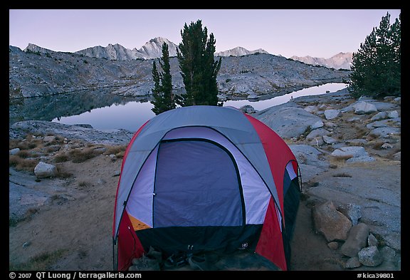 Tent and lake, dawn, Dusy Basin. Kings Canyon National Park, California